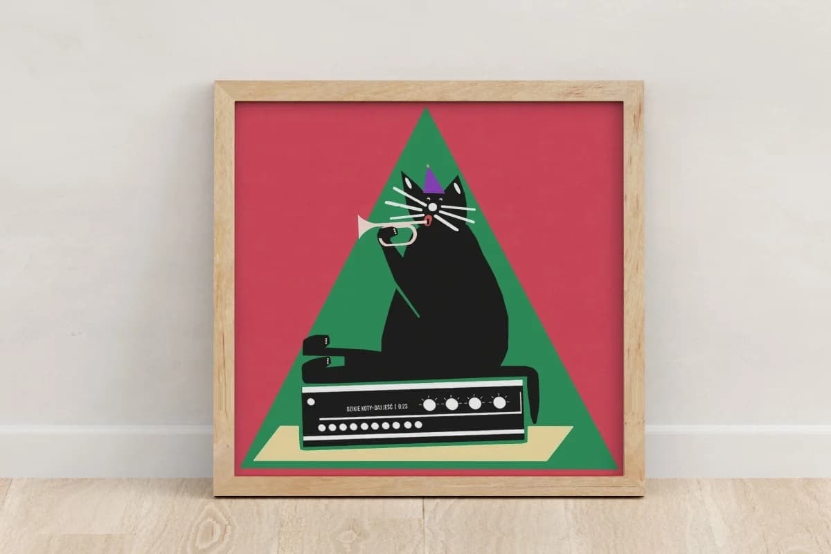 Poster Black Cat Sitting on a Radio Receiver and Playing the Trumpet, 30x30 cm, by J. Zasada, Jakub Zasada - 68460