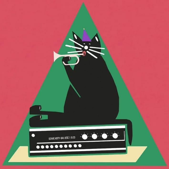 Poster Black Cat Sitting on a Radio Receiver and Playing the Trumpet, 30x30 cm, by J. Zasada, Jakub Zasada