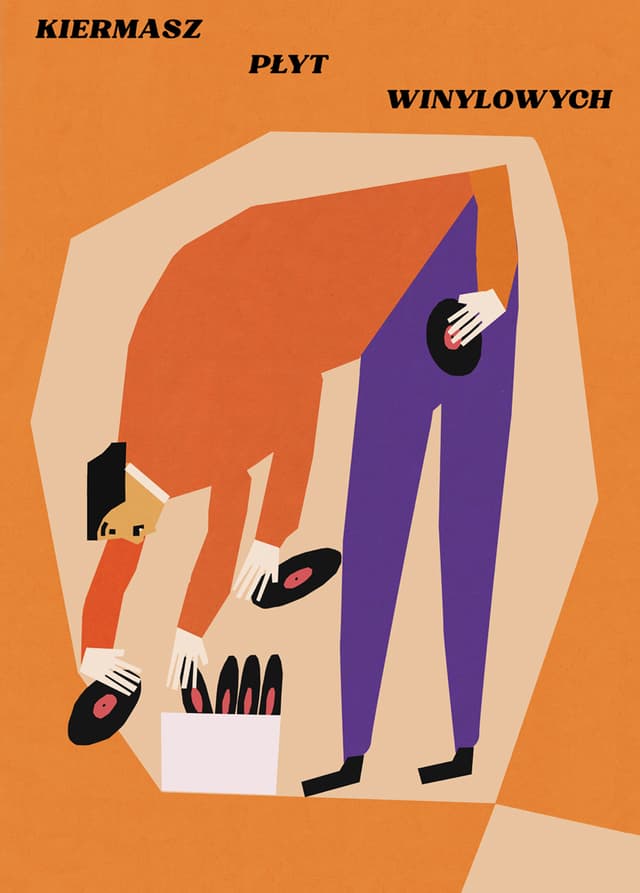 Plakat Kiermasz płyt winylowych - człowiek z 4 rękami przegląda winyle, 50x70 cm, aut. J. Zasada, Jakub Zasada - WYMIARY