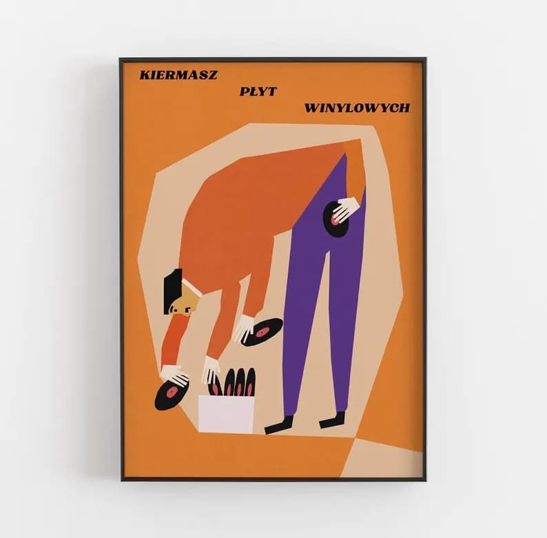 Plakat Kiermasz płyt winylowych - człowiek z 4 rękami przegląda winyle, 50x70 cm, aut. J. Zasada, Jakub Zasada - 67580