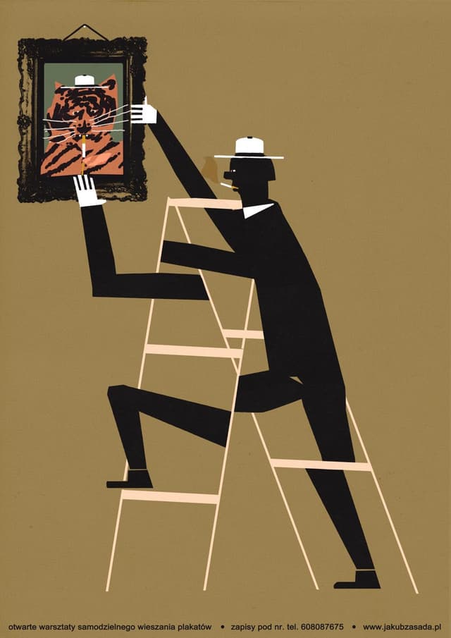 Plakat Otwarte warsztaty samodzielnego wieszania plakatów, plakat reklamowy, 50x70 cm, aut. J. Zasada, Jakub Zasada - WYMIARY