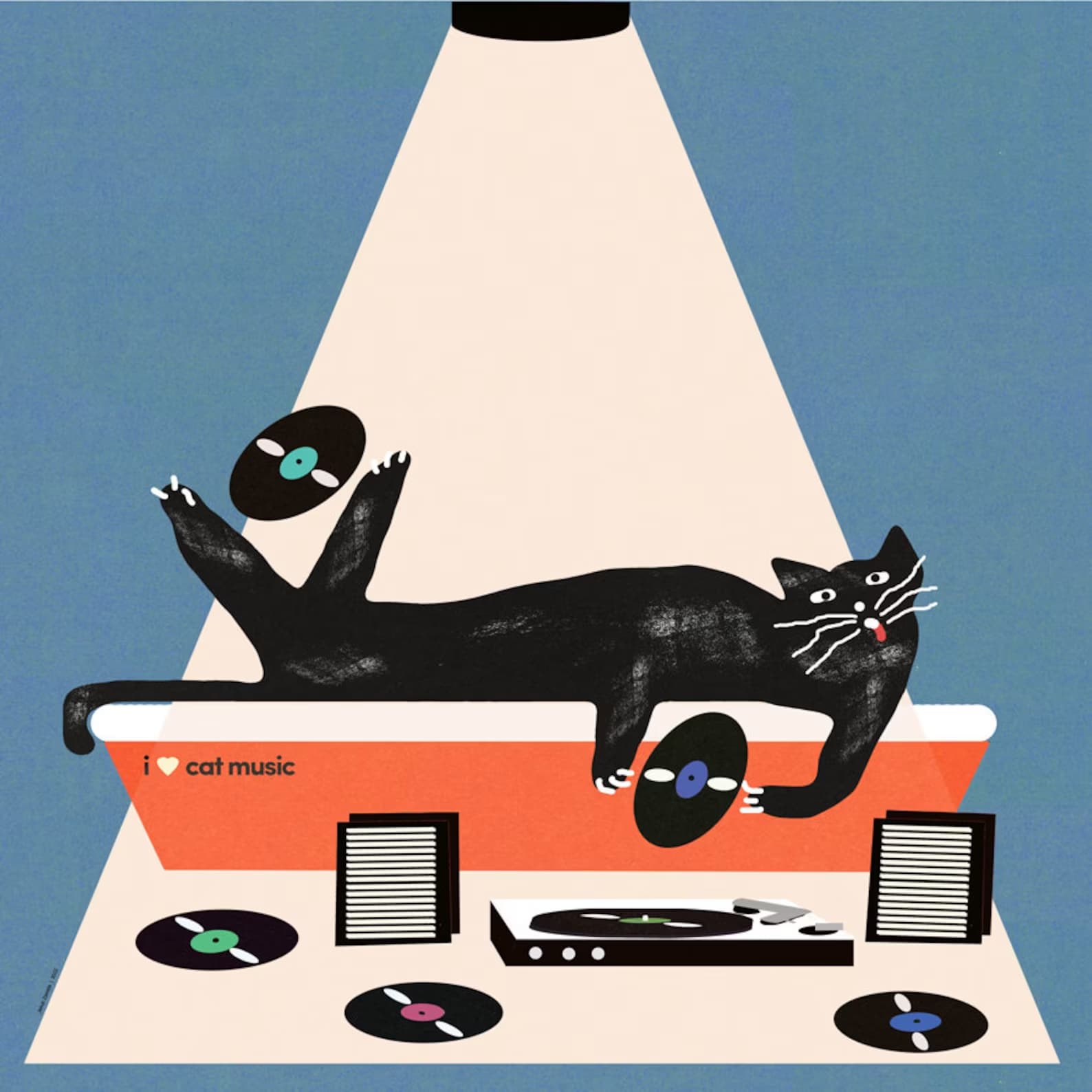 Poster Kot w kuwecie słucha płyt winylowych, 30x30 cm, by J. Zasada, Jakub Zasada