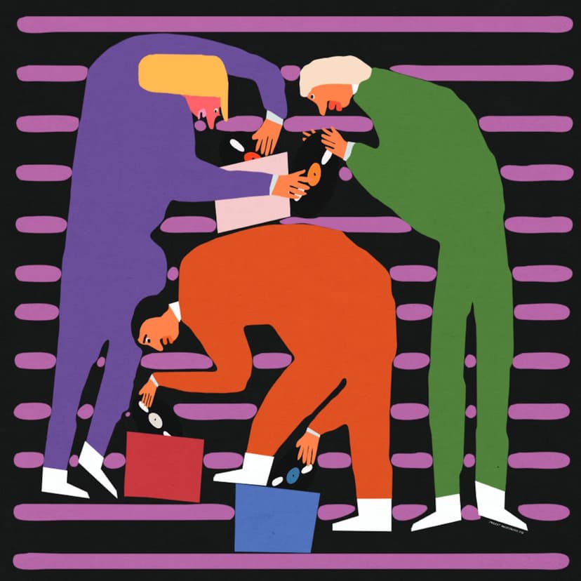 Plakat Winylowcy grzebią w płytach, mały kwadratowy plakat (różne kolory), 30x30 cm, aut. J. Zasada, Jakub Zasada