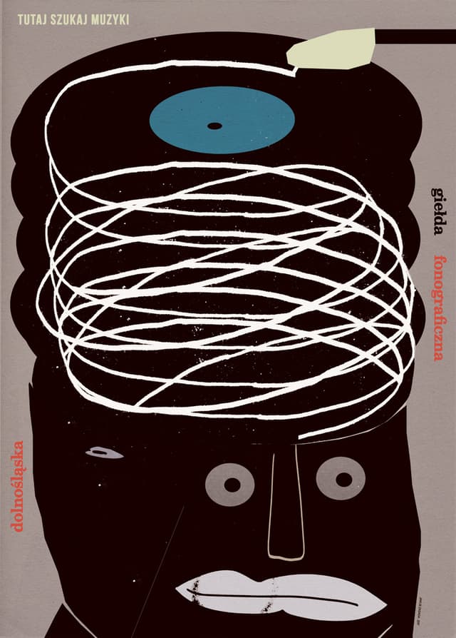Plakat Tutaj słuchaj muzyki, Dolnośląska Giełda Fonograficzna, 50x70 cm, aut. J. Zasada, Jakub Zasada - WYMIARY