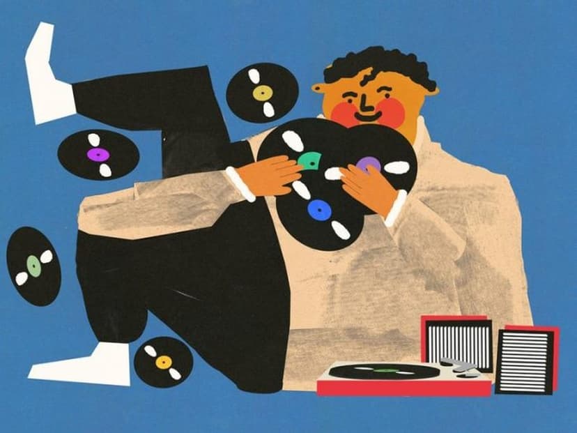 Plakat Chłopak z płytami i gramofonem, 30x40 cm, aut. J. Zasada, Jakub Zasada