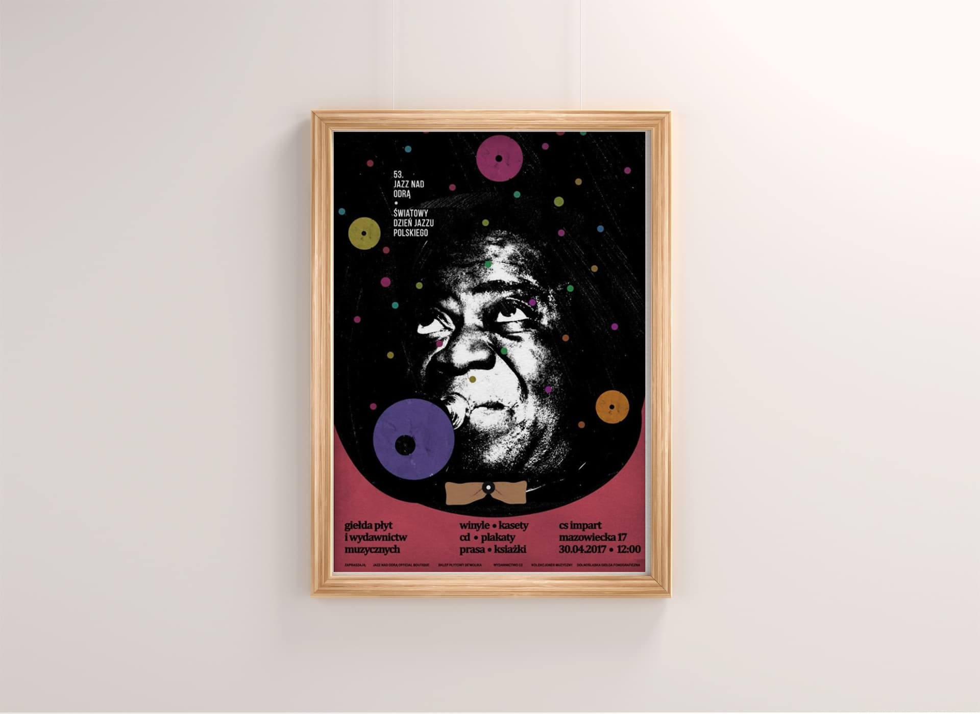 Plakat 53. Jazz nad Odrą, Światowy Dzień Jazzu Polskiego, giełda płyt i wydawnictw muzycznych, Louis Armstrong, 48x68 cm, aut. J. Zasada, Jakub Zasada - 67938