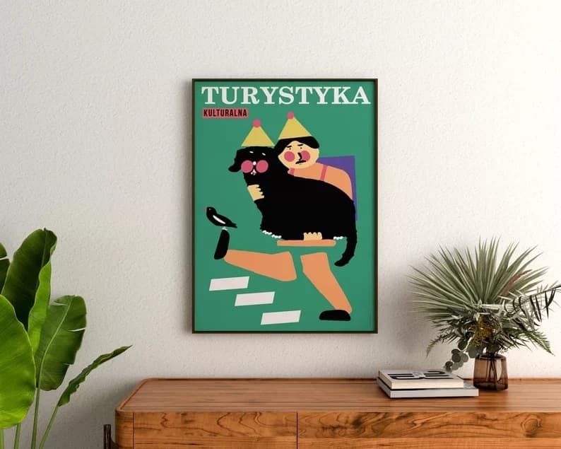 Plakat Turystyka kulturalna, człowiek z psem na rękach, 30x40 cm, aut. J. Zasada, Jakub Zasada - 68477