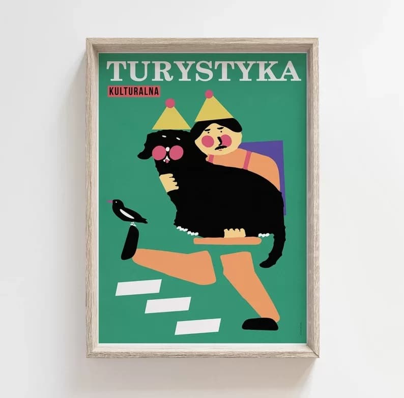 Plakat Turystyka kulturalna, człowiek z psem na rękach, 30x40 cm, aut. J. Zasada, Jakub Zasada - 68475