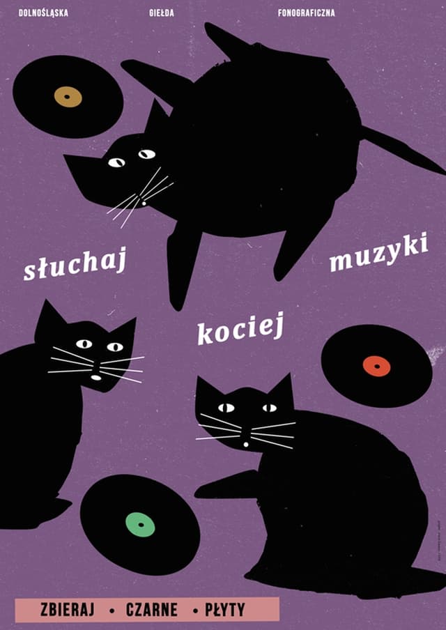 Plakat Słuchaj kociej muzyki, czarne koty z płytami winylowymi, 30x40 cm, aut. J. Zasada, Jakub Zasada - WYMIARY