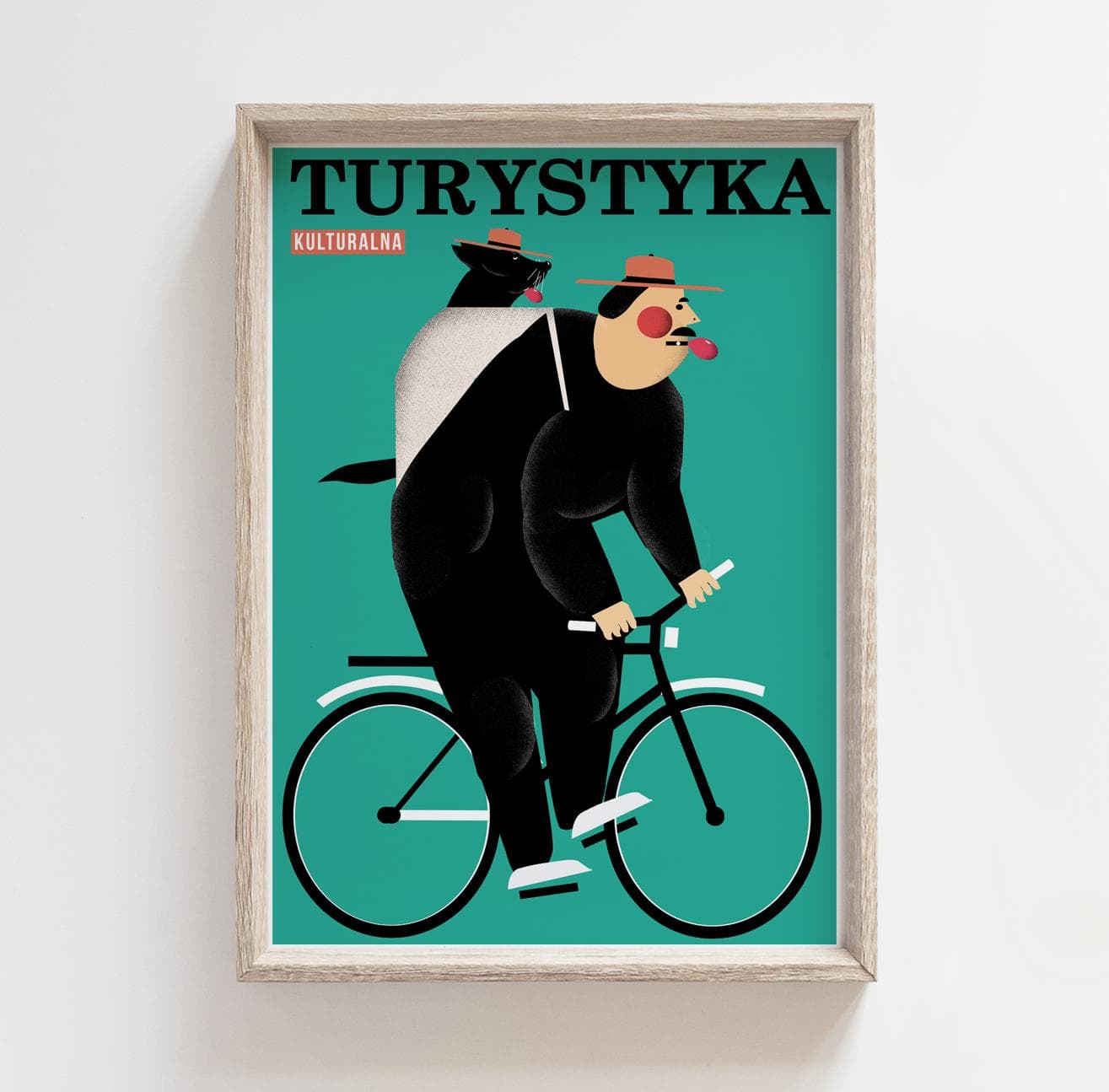 Plakat Turystyka kulturalna, człowiek na rowerze z pieskiem w plecaku, 30x40 cm, aut. J. Zasada, Jakub Zasada - 68163