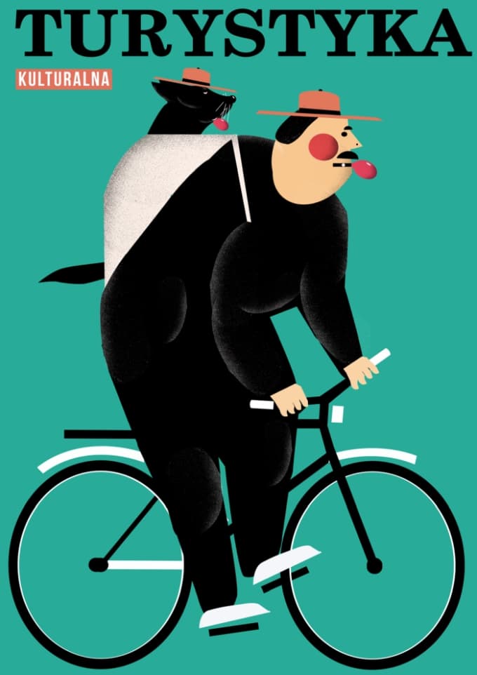 Plakat Turystyka kulturalna, człowiek na rowerze z pieskiem w plecaku, 30x40 cm, aut. J. Zasada, Jakub Zasada