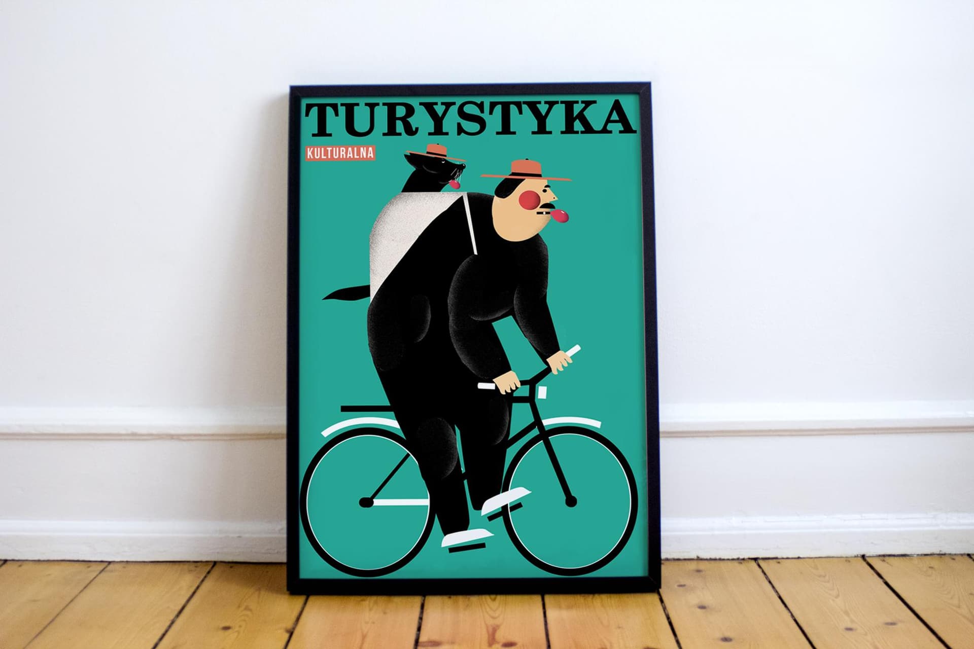 Plakat Turystyka kulturalna, człowiek na rowerze z pieskiem w plecaku, 30x40 cm, aut. J. Zasada, Jakub Zasada - 68162