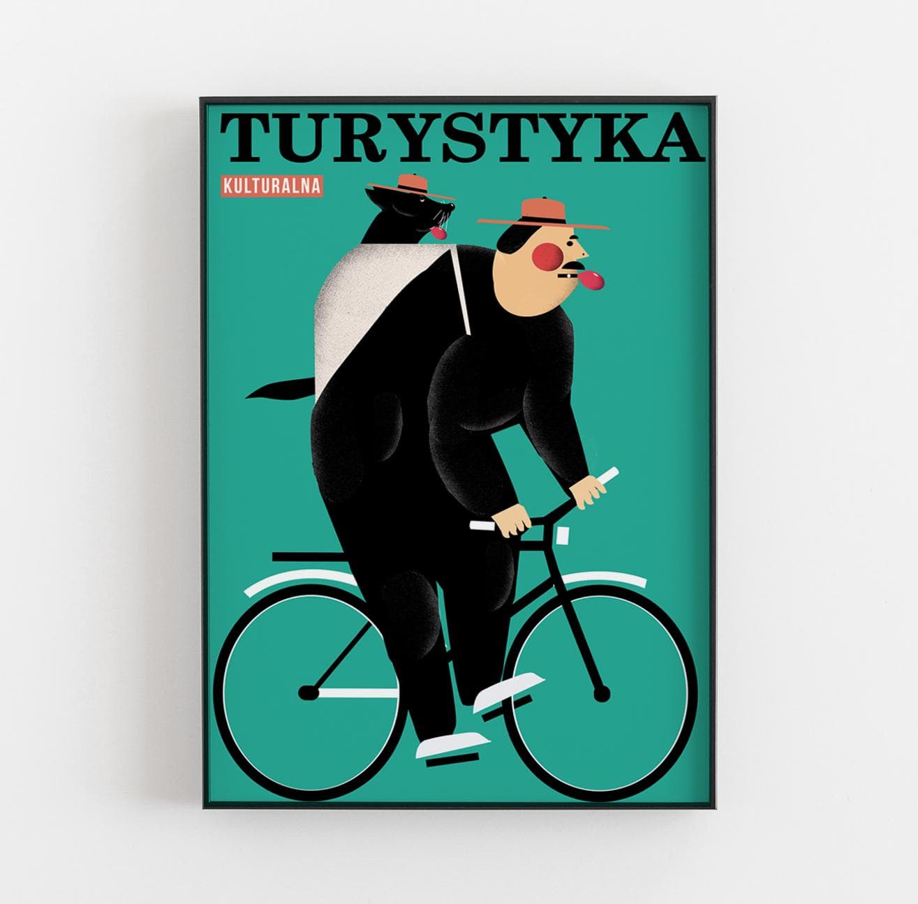 Plakat Turystyka kulturalna, człowiek na rowerze z pieskiem w plecaku, 30x40 cm, aut. J. Zasada, Jakub Zasada - 68161