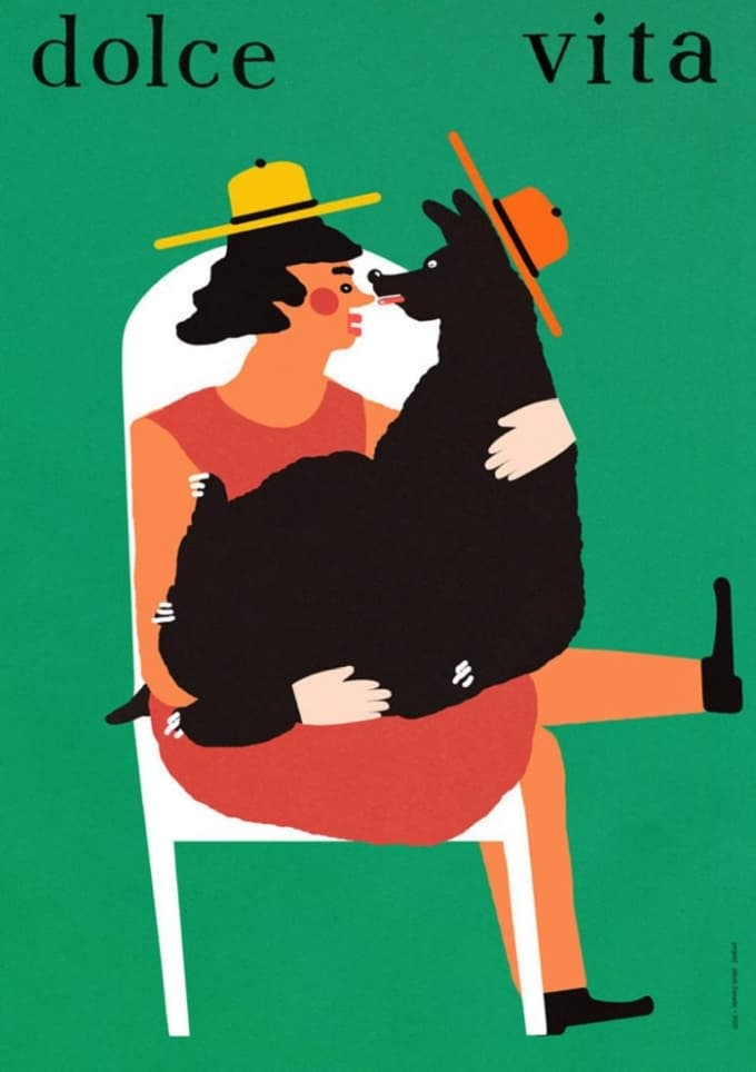 Plakat Dolce vita, dama z pieskiem na fotelu, 30x40cm, aut. J. Zasada, Jakub Zasada