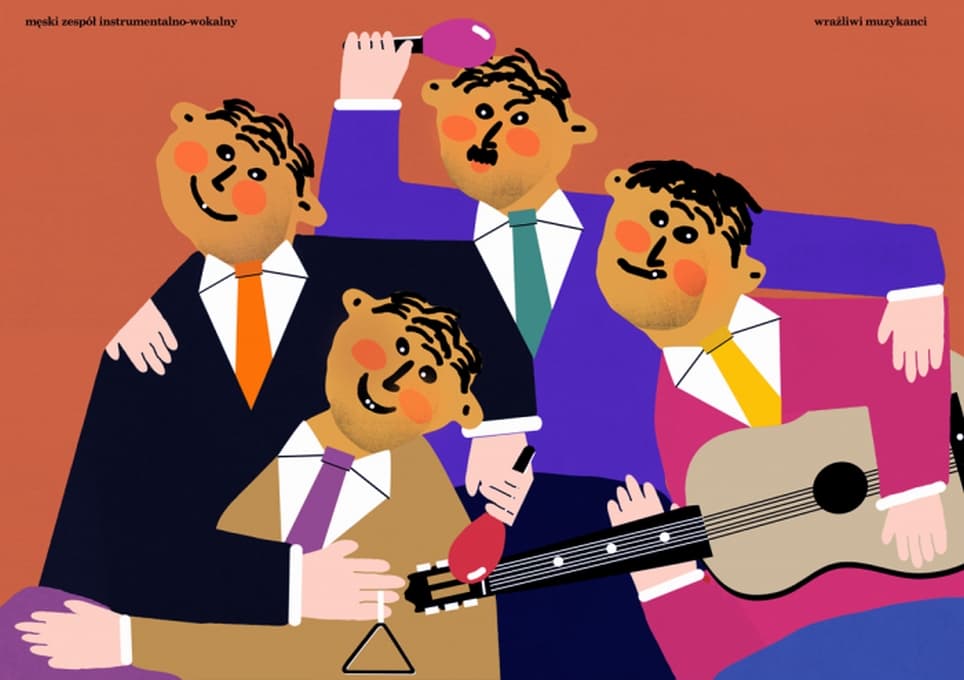 Plakat Wrażliwi muzykanci, męski zespół instrumentalno-wokalny, 50x70 cm, aut. J. Zasada, Jakub Zasada