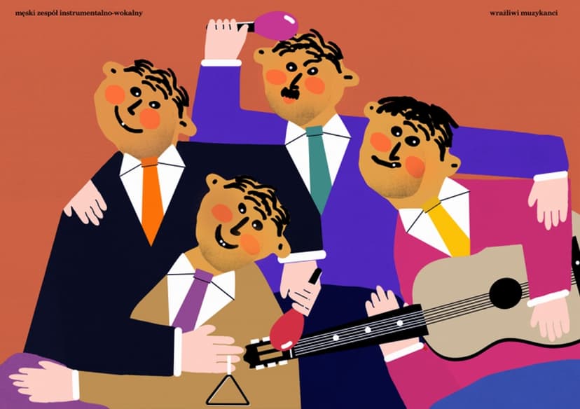 Plakat Wrażliwi muzykanci, męski zespół instrumentalno-wokalny, 50x70 cm, aut. J. Zasada, Jakub Zasada