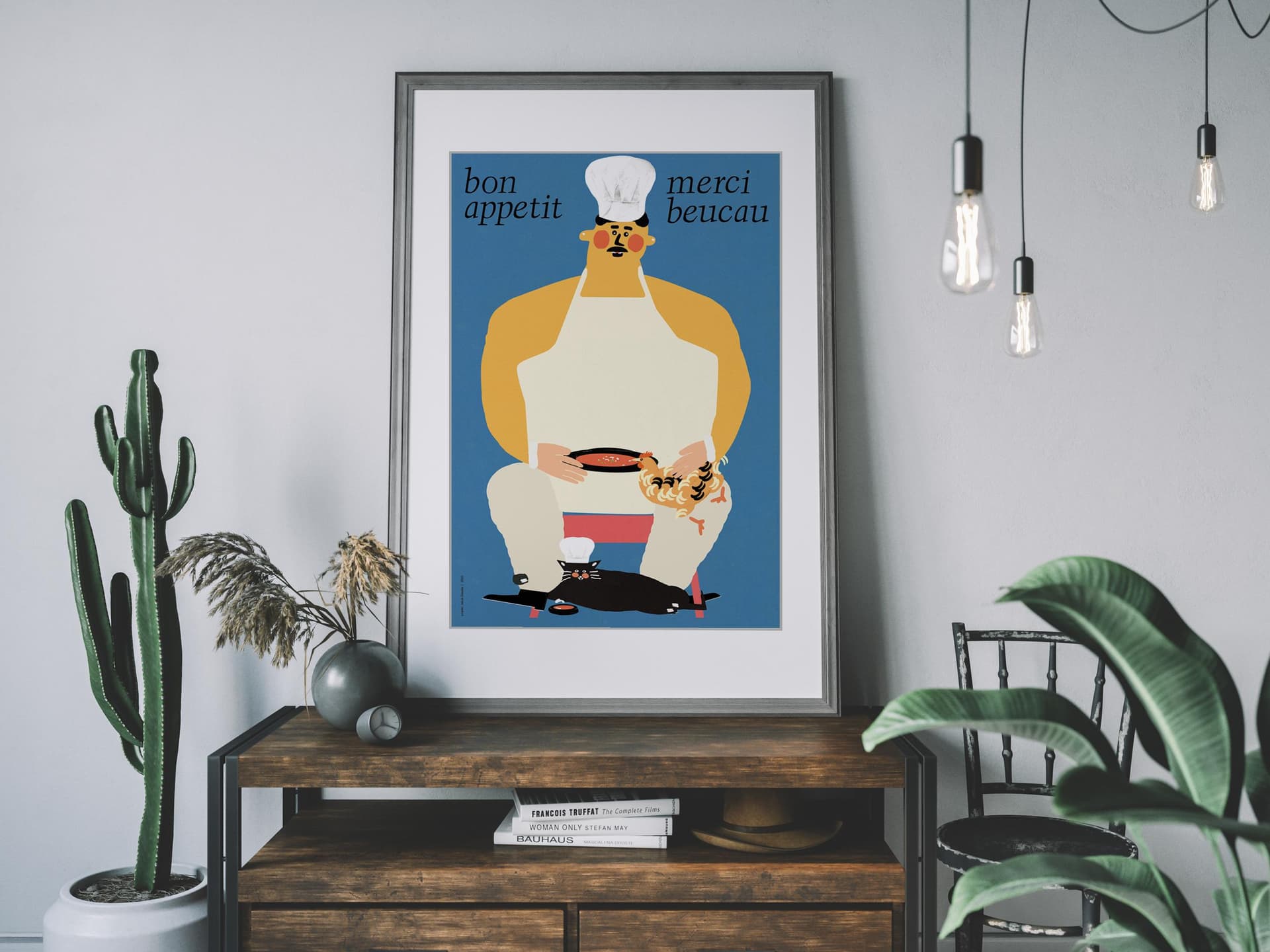 Plakat Bon appetit, merci beucau, kucharz z kotem i kurą pijącą zupę pomidorową, 30x40 cm, aut. J. Zasada, Jakub Zasada - 68186