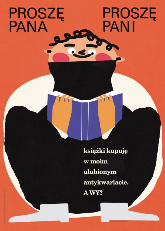 Plakat Proszę Pana, Proszę Pani, książki kupuję w moim ulubionym antykwariacie. A Wy?, 48x68 cm, aut. J. Zasada, Jakub Zasada