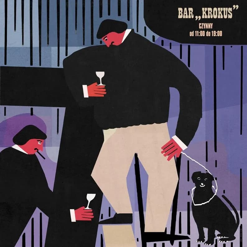 Plakat Smutni ludzie przy barze i pies, 30x30 cm, aut. J. Zasada, Jakub Zasada