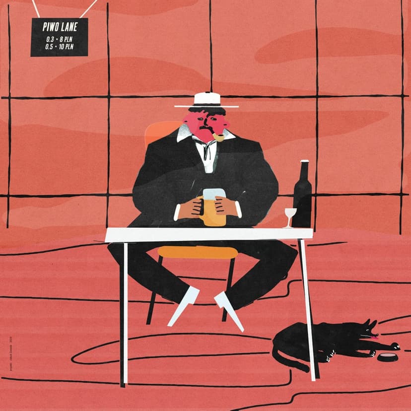 Plakat Samotny smutny człowiek z psem pije w barze, 30x30 cm, aut. J. Zasada, Jakub Zasada