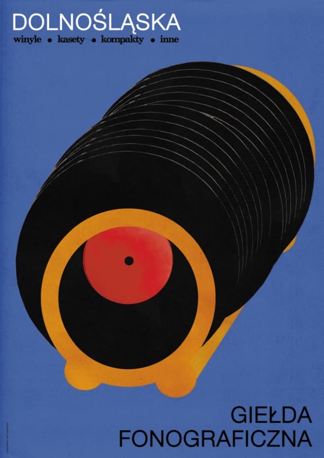 Plakat Dolnośląska Giełda Fonograficzna, płyty w stojaku, winyle, kasety, kompakty, inne, 48x68 cm, aut. J. Zasada, Jakub Zasada - WYMIARY