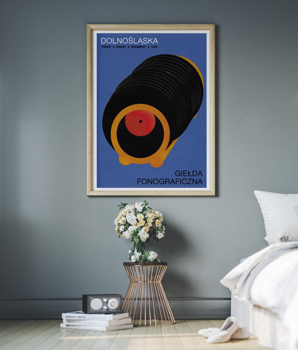 Plakat Dolnośląska Giełda Fonograficzna, płyty w stojaku, winyle, kasety, kompakty, inne, 48x68 cm, aut. J. Zasada, Jakub Zasada - 68348