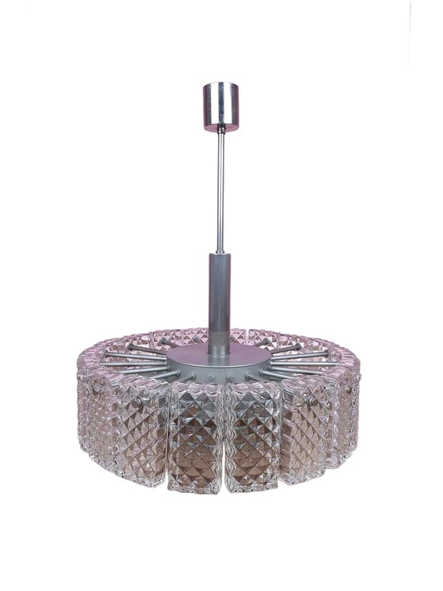 Żyrandol, szkło kryształowe przezroczyste, metal chromowany srebrny, Niemcy, lata 60. - WYMIARY