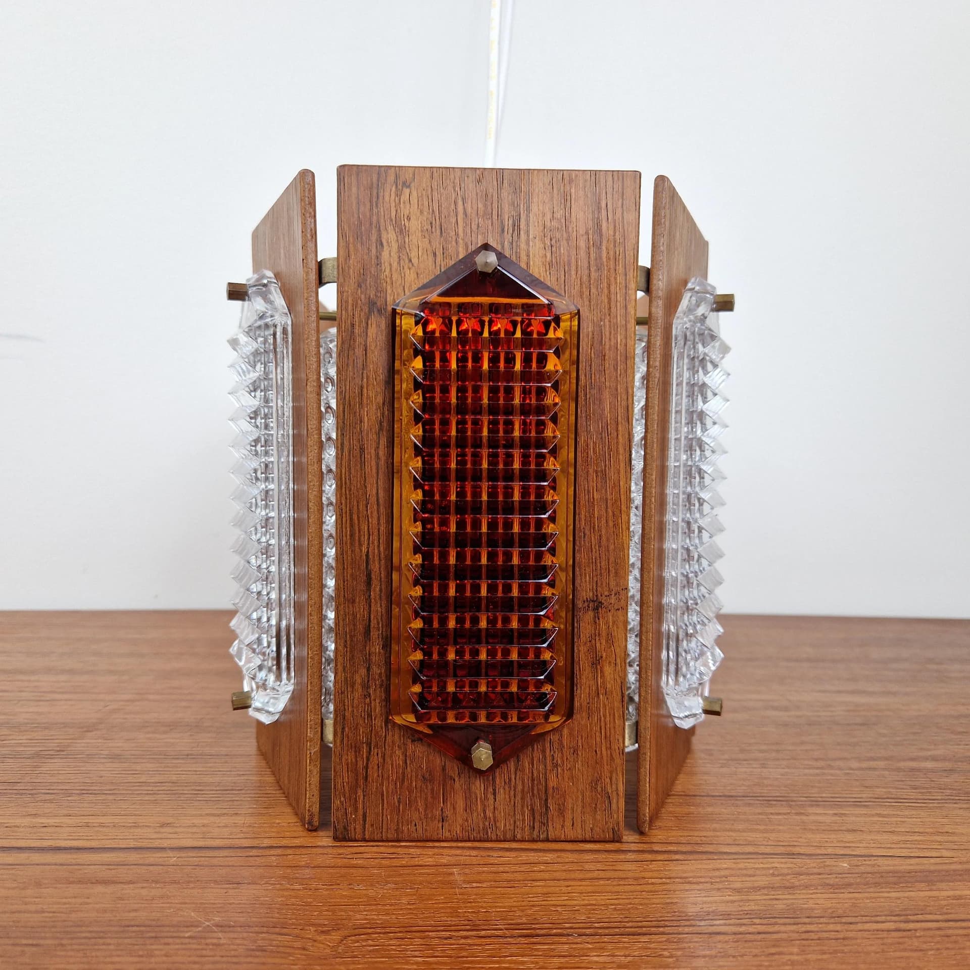 Żyrandol, teak brązowy, szkło transparentne, proj. W. Berndt, Flygsfors, Szwecja, lata 60. - 68707