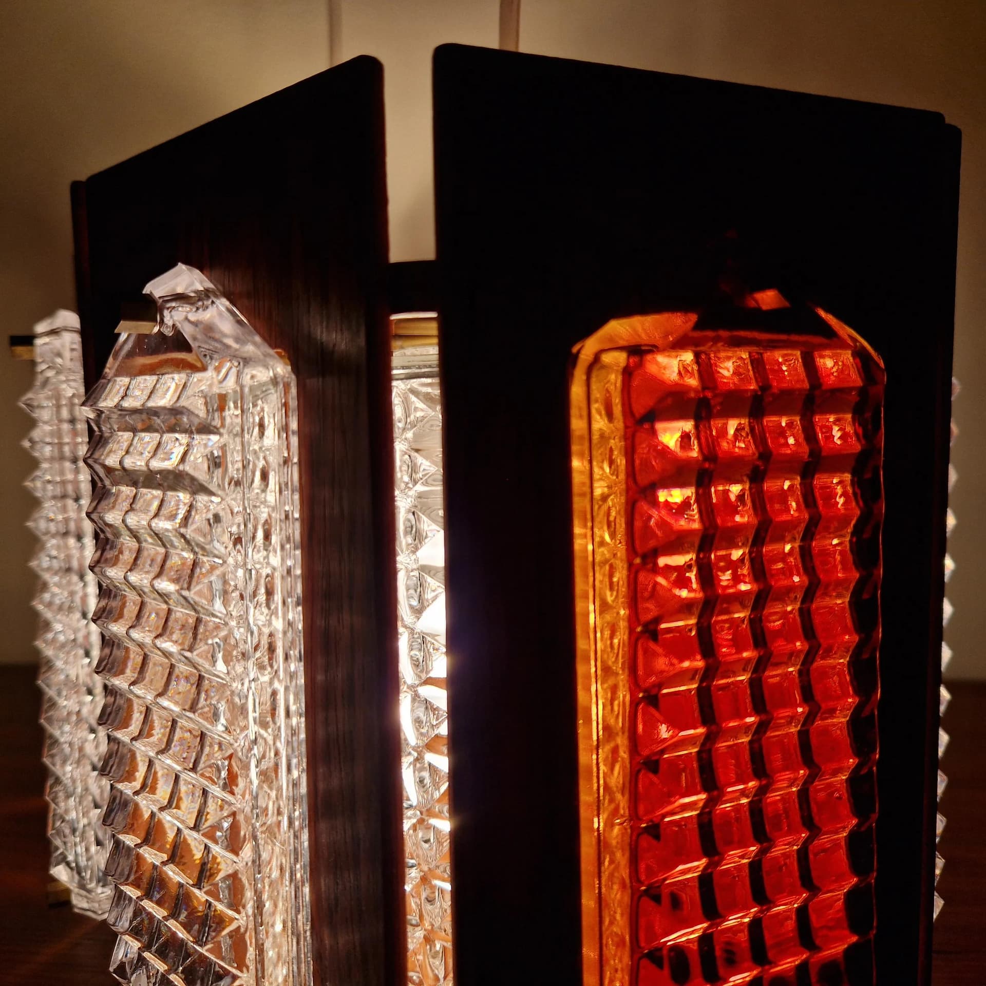 Żyrandol, teak brązowy, szkło transparentne, proj. W. Berndt, Flygsfors, Szwecja, lata 60. - 68709