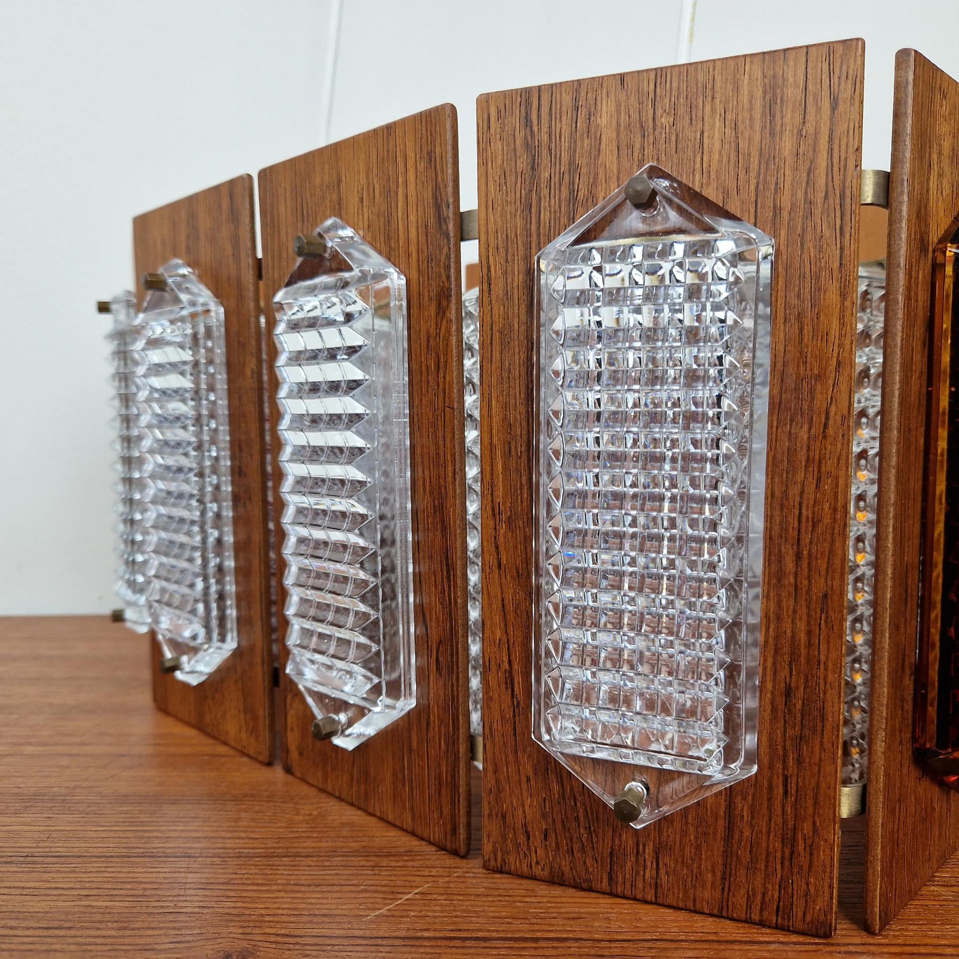 Żyrandol, teak brązowy, szkło transparentne, proj. W. Berndt, Flygsfors, Szwecja, lata 60. - 68708