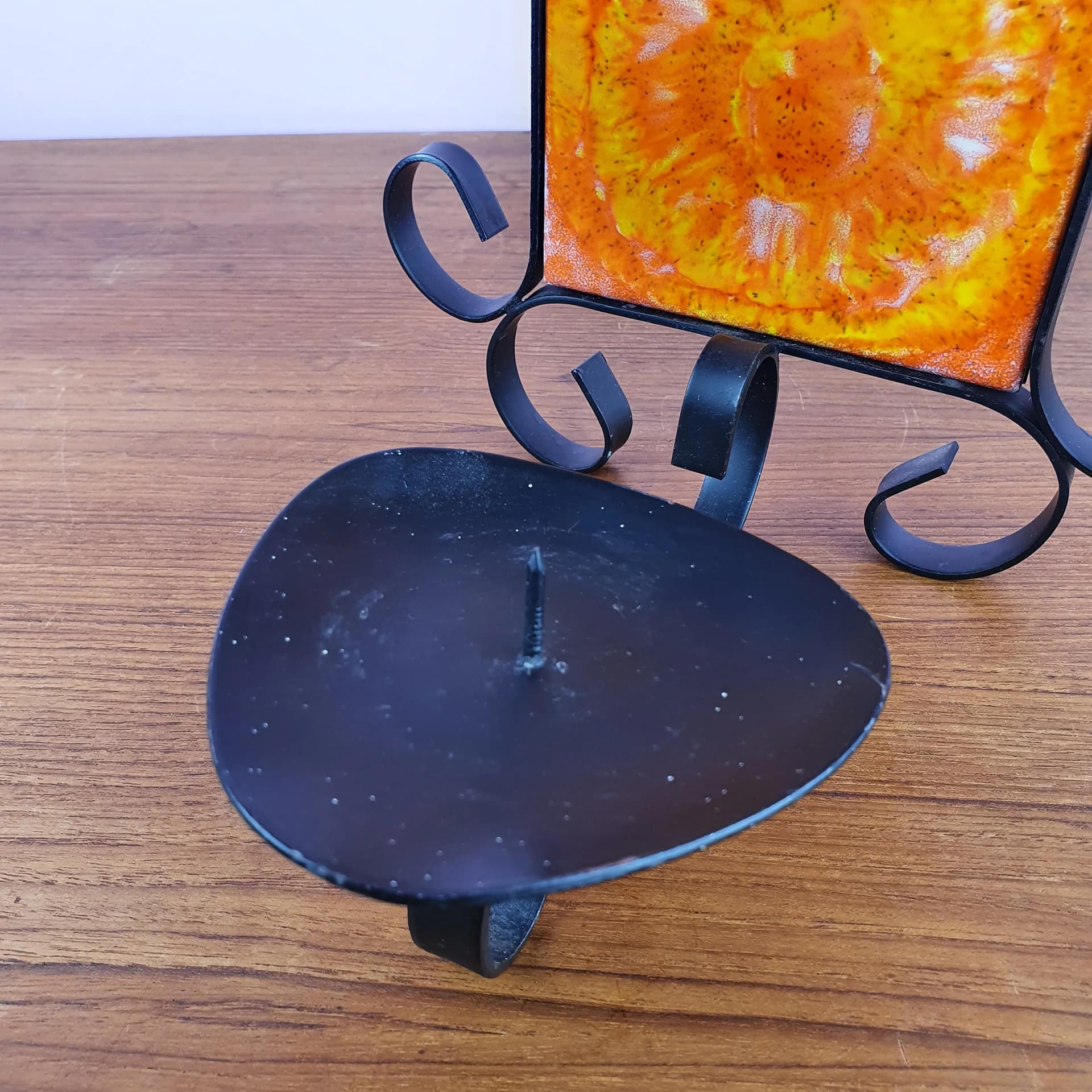 Para świeczników ściennych, ceramika pomarańczowa, metal czarny, Dania, lata 60. - 68676