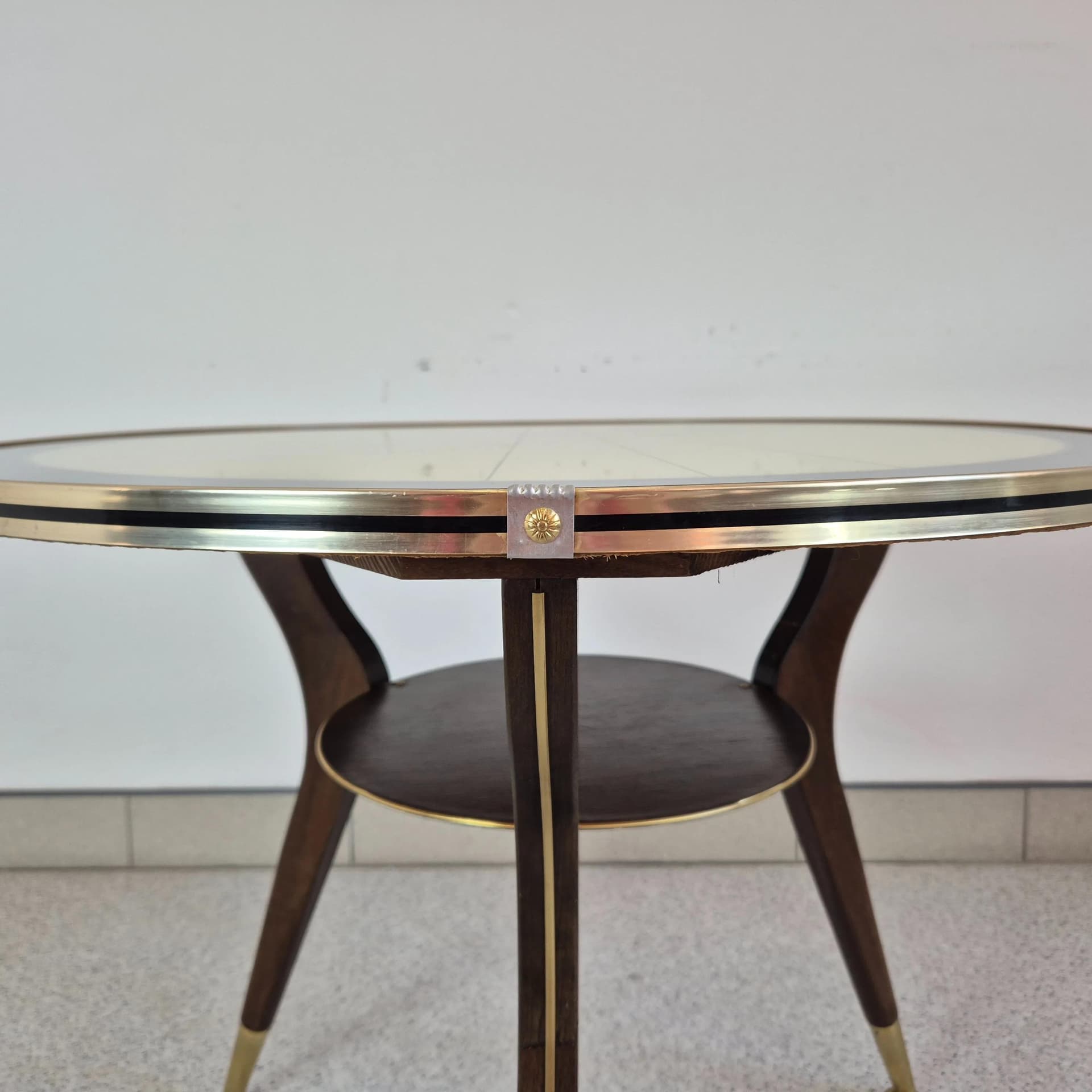 Coffee Table Rockabilly, beige glass, brown wood, golden brass, Germany, 1960s. - 68649