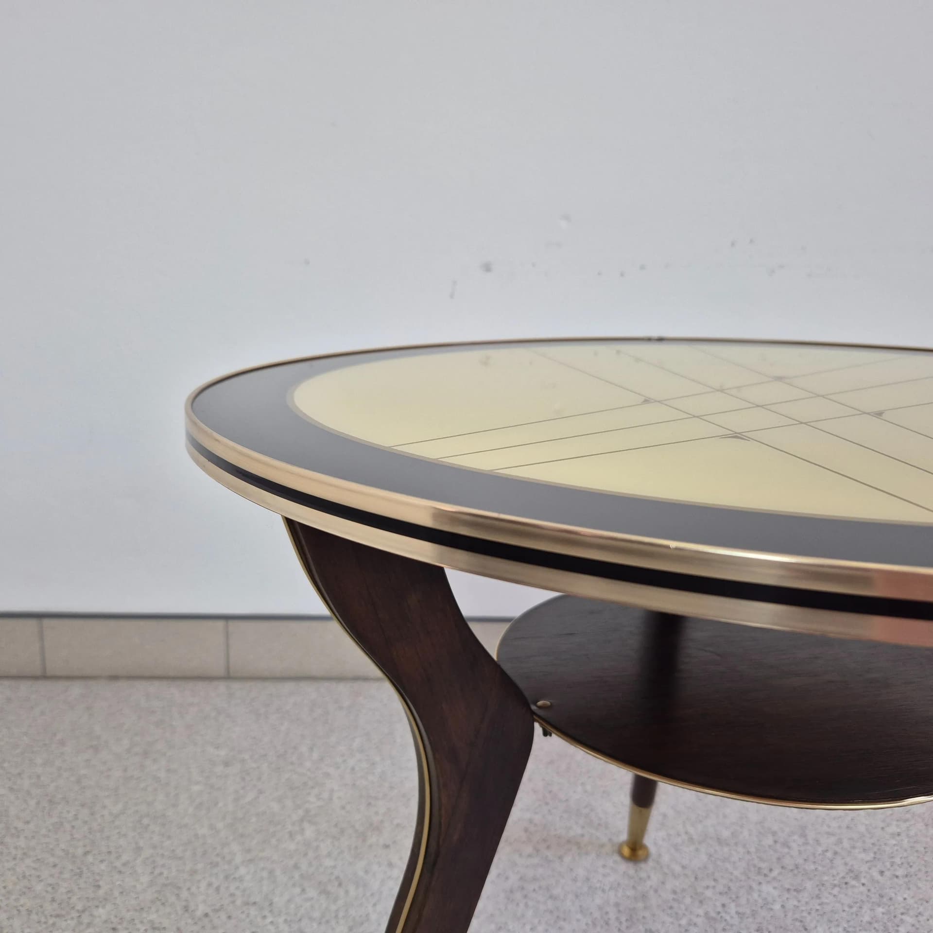 Coffee Table Rockabilly, beige glass, brown wood, golden brass, Germany, 1960s. - 68643