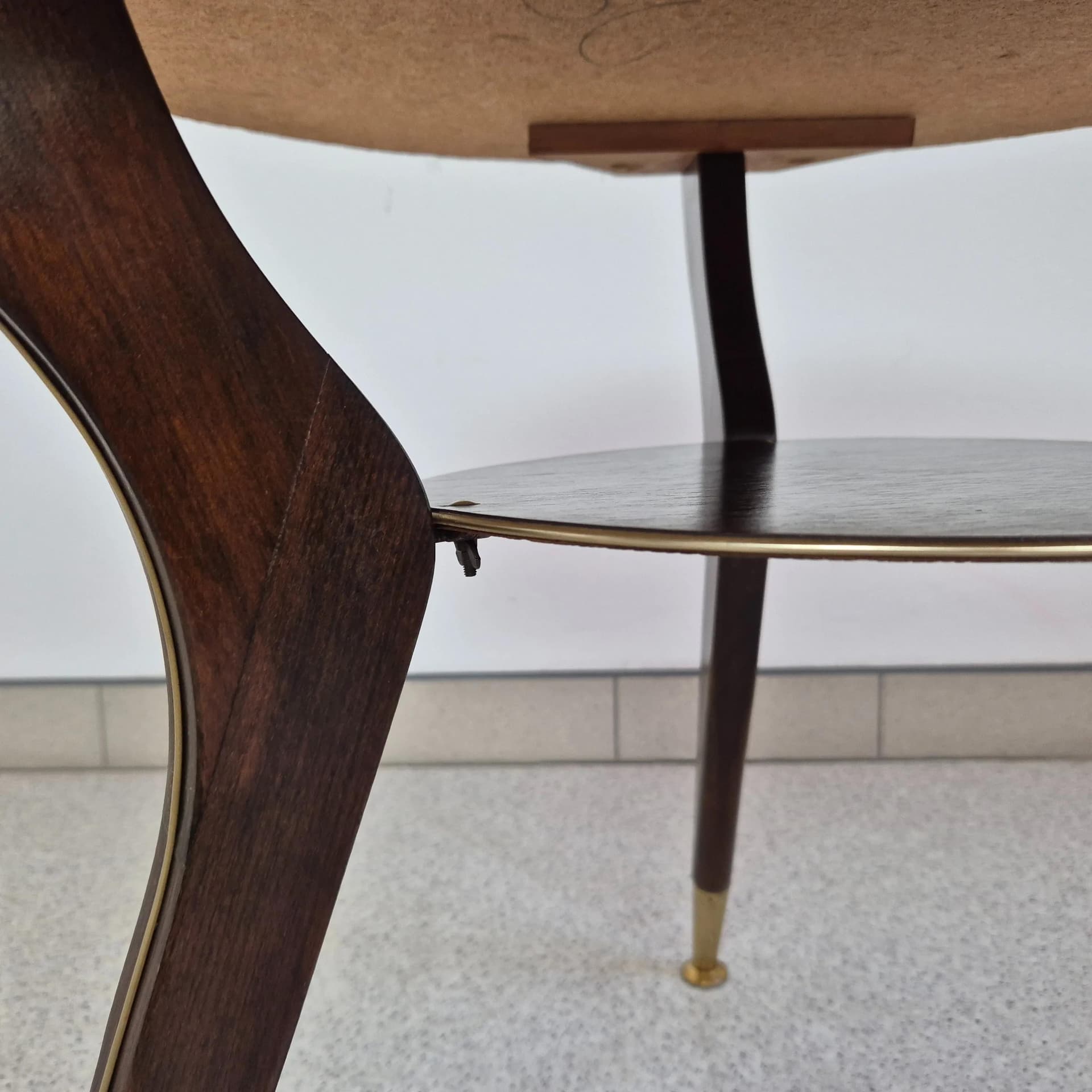 Coffee Table Rockabilly, beige glass, brown wood, golden brass, Germany, 1960s. - 68646
