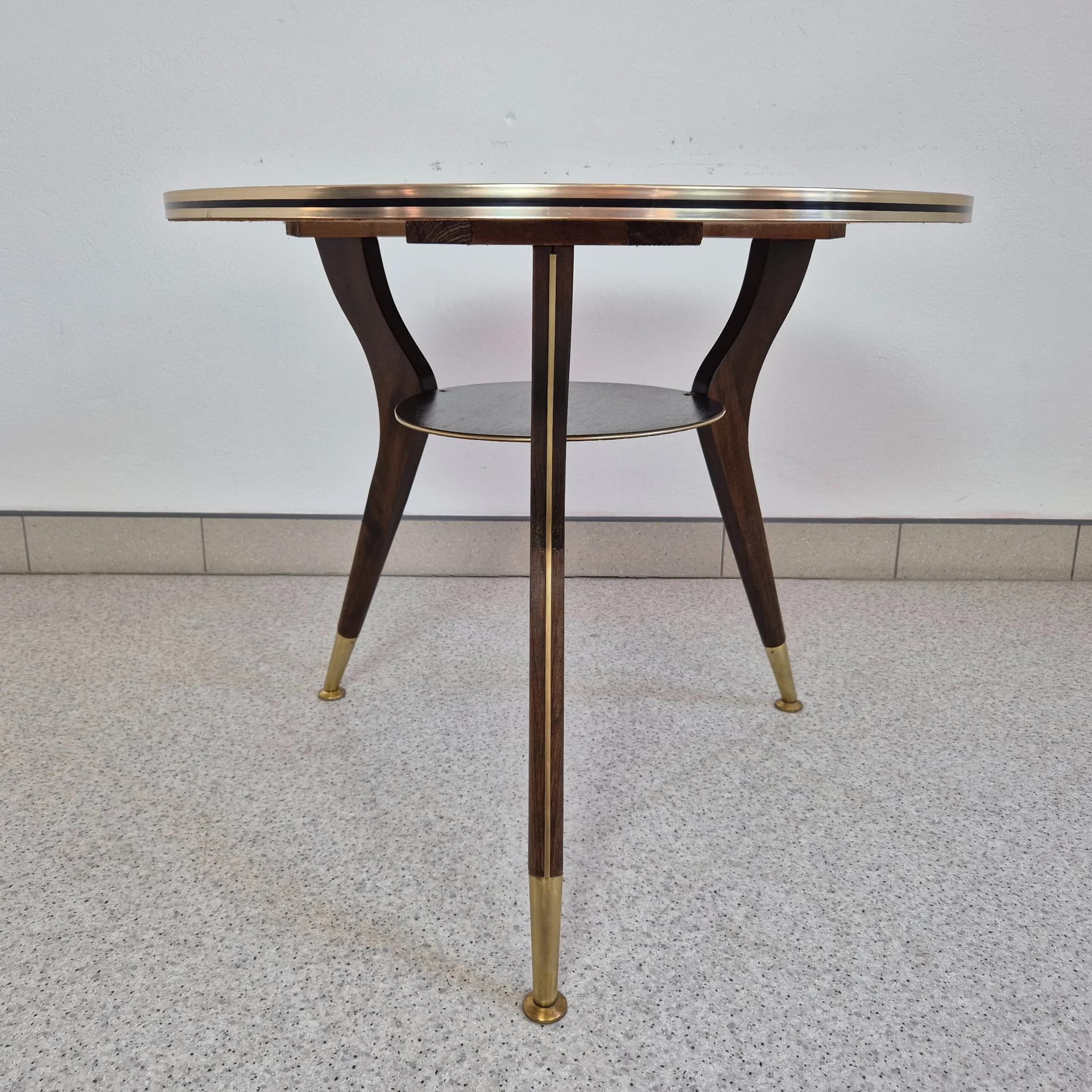 Coffee Table Rockabilly, beige glass, brown wood, golden brass, Germany, 1960s. - 68645