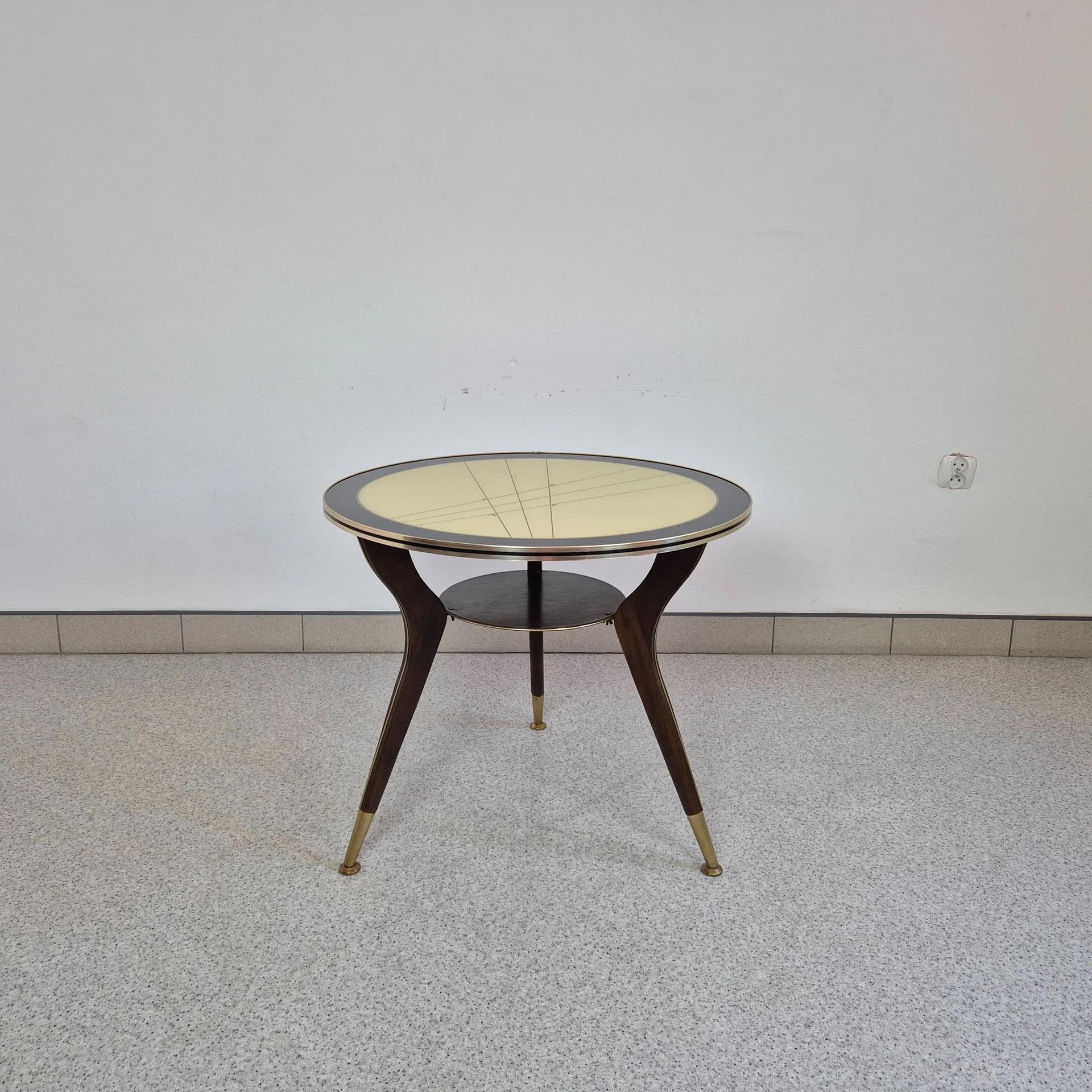 Coffee Table Rockabilly, beige glass, brown wood, golden brass, Germany, 1960s. - 68644