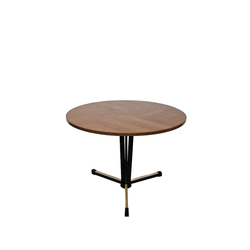 Coffee Table Round, Brown Veneer, Black Metal, Germany, 1970s
