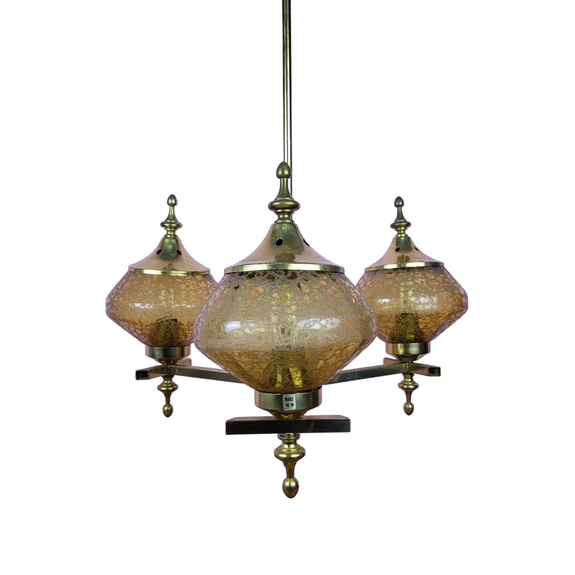 Żyrandol, szkło bursztynowe, mosiądz złoty, Norwegia, lata 60.