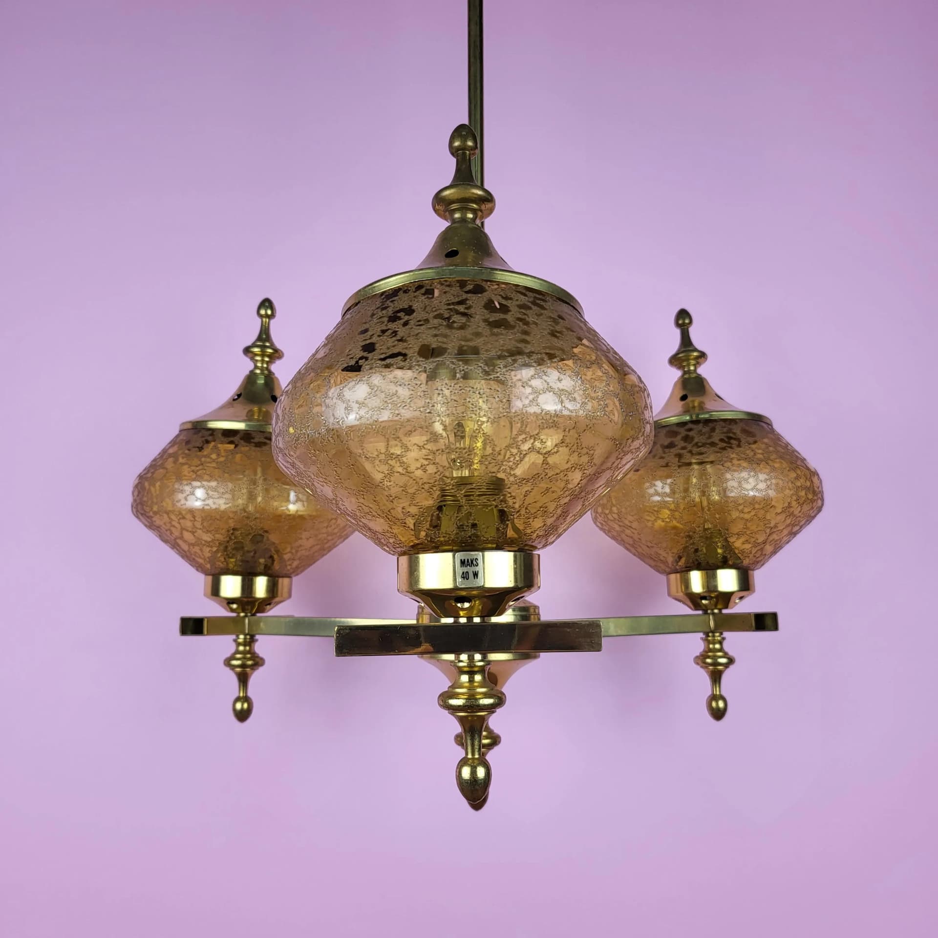 Żyrandol, szkło bursztynowe, mosiądz złoty, Norwegia, lata 60. - 68770