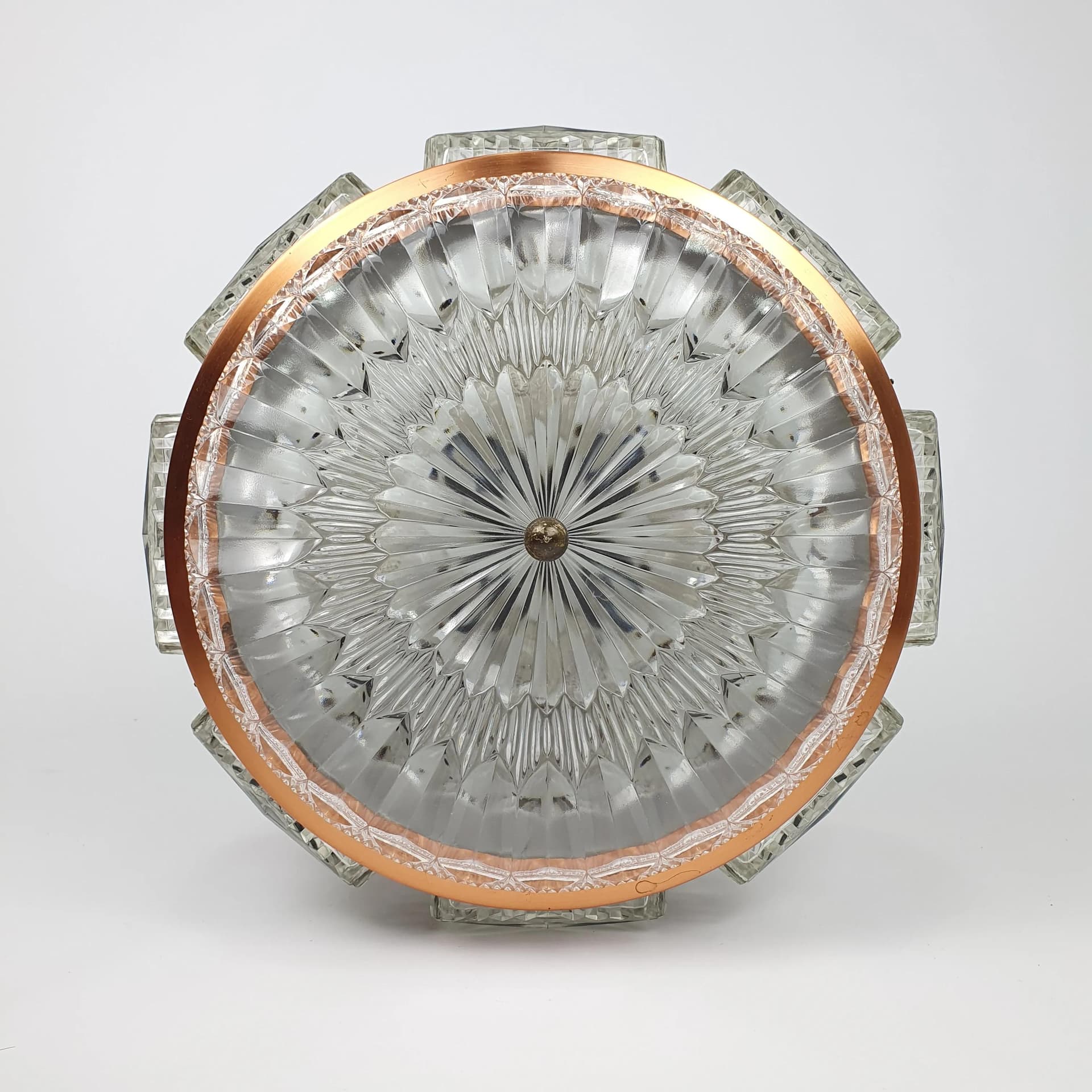 Żyrandol, miedź, drewno tekowe, szkło kryształowe, Szwecja, lata 50. - 69530