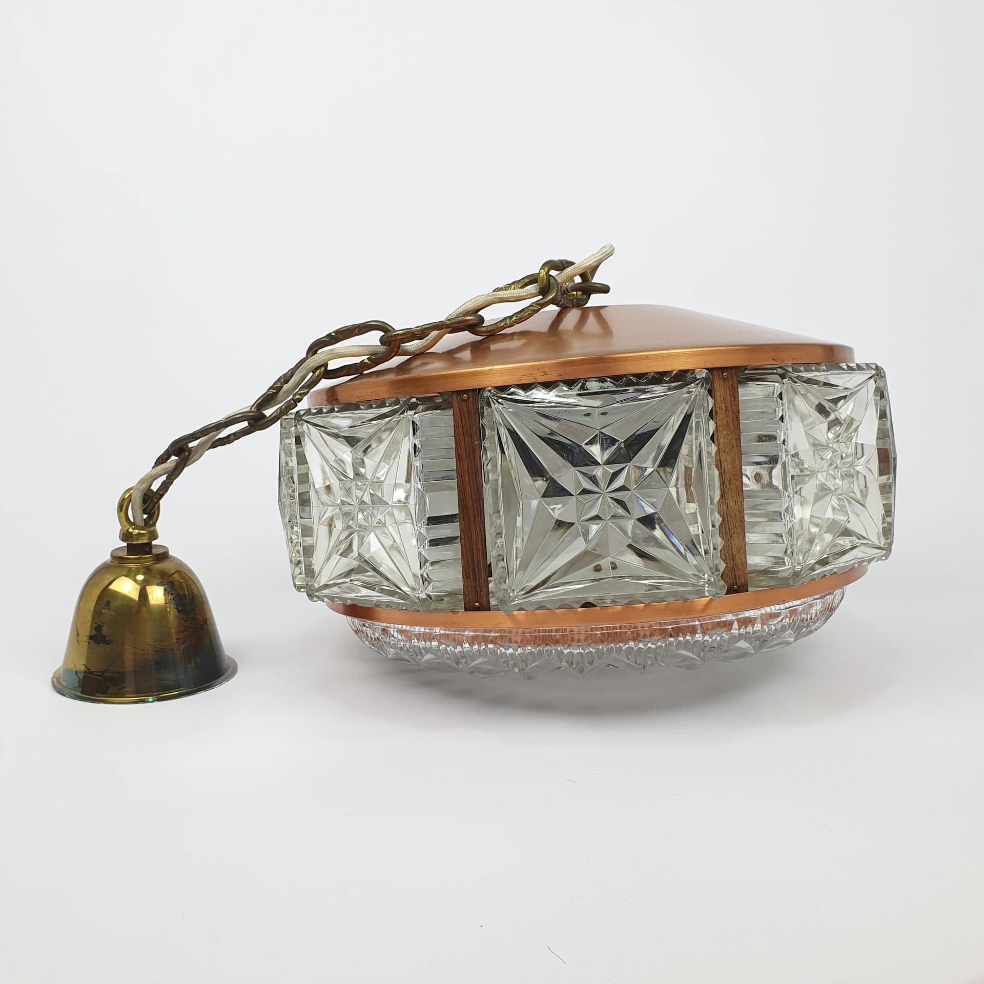 Żyrandol, miedź, drewno tekowe, szkło kryształowe, Szwecja, lata 50. - 69528