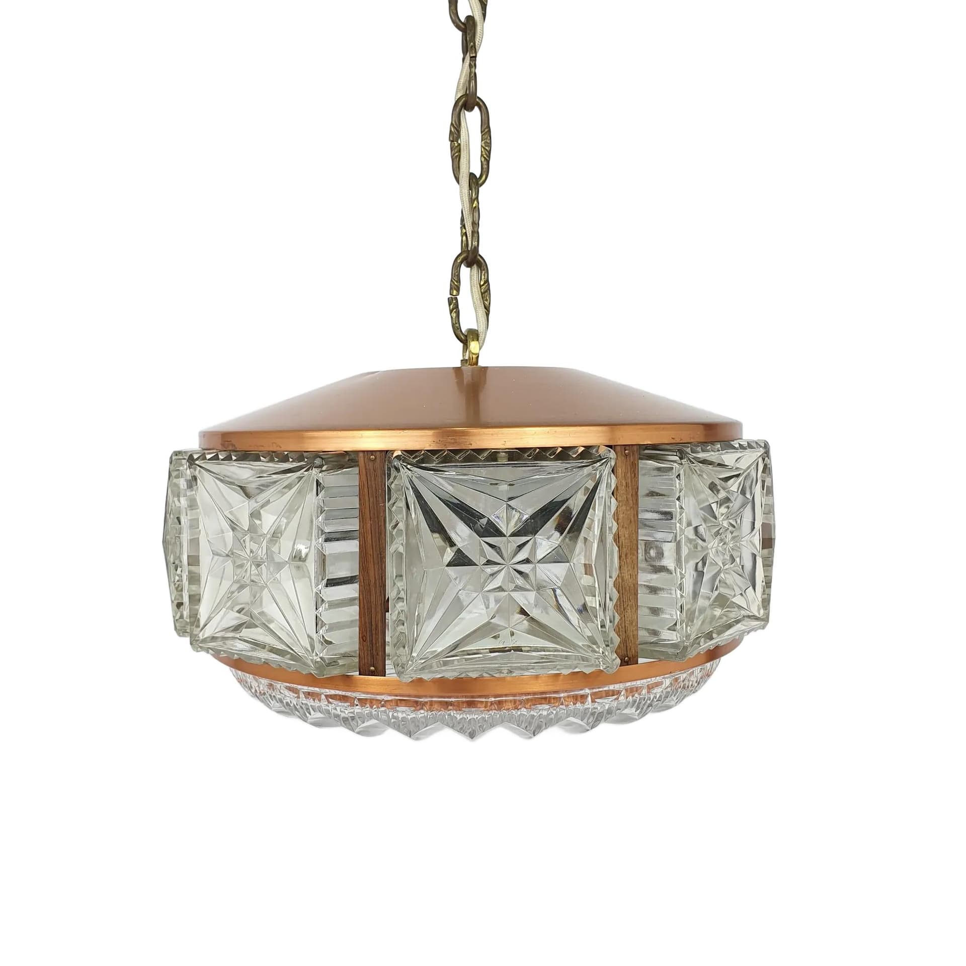 Żyrandol, miedź, drewno tekowe, szkło kryształowe, Szwecja, lata 50.