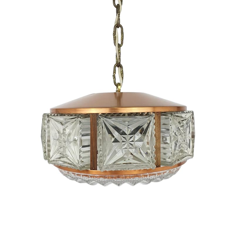 Żyrandol, miedź, drewno tekowe, szkło kryształowe, Szwecja, lata 50.