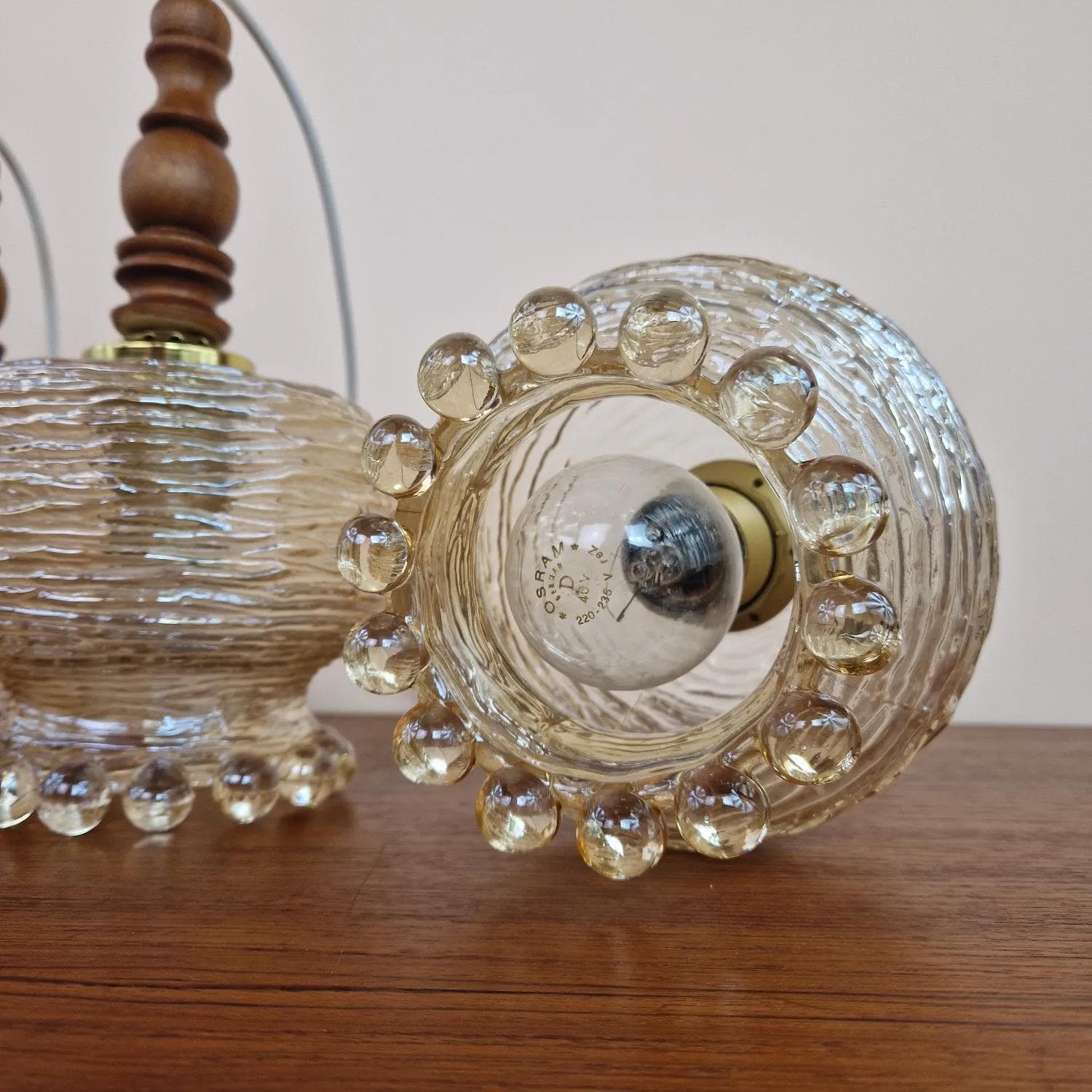 Pendant lamp, golden glass, wood, Germany, 1960s. - 69484