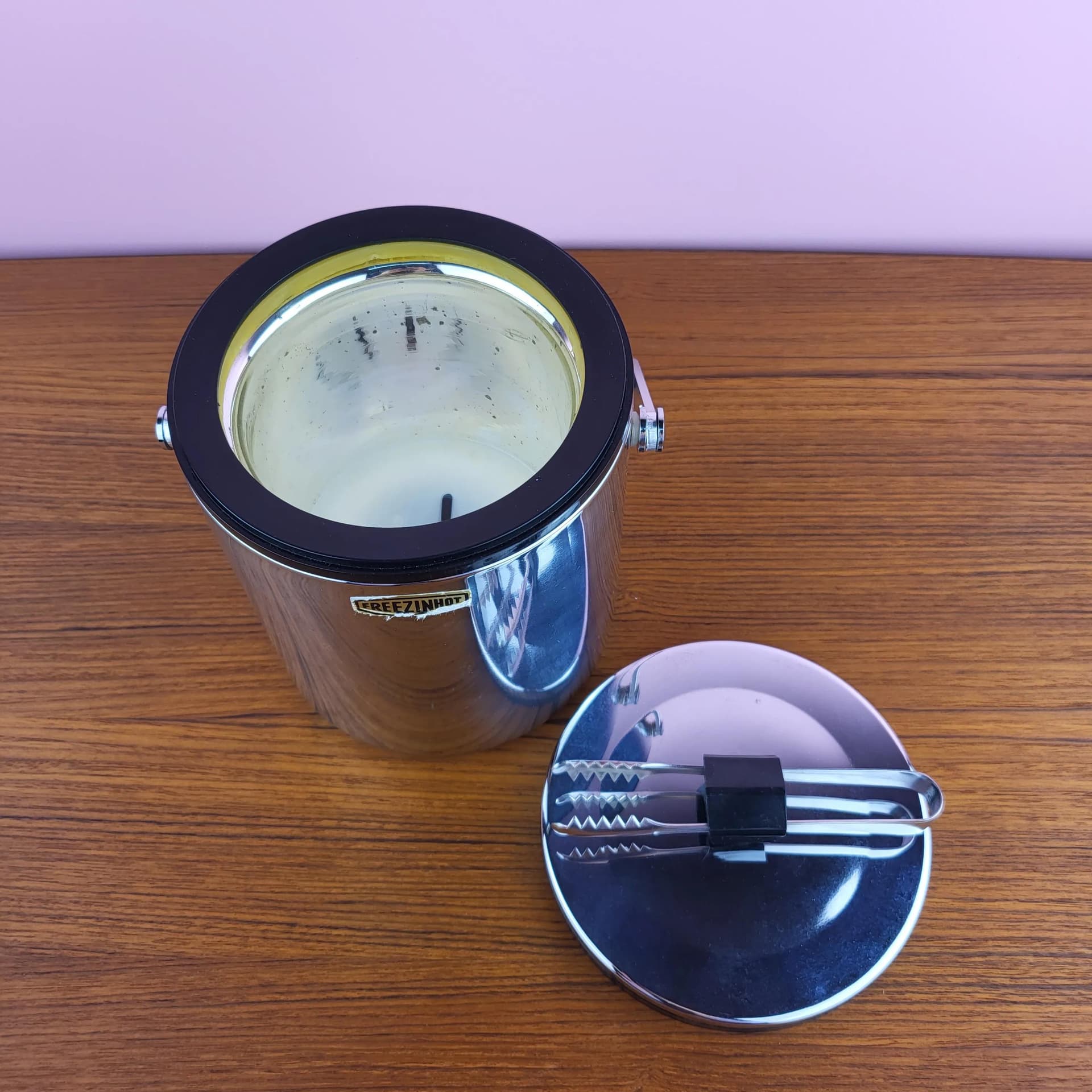 Pojemnik na lód ze szczypcami, chrom srebrny, Freezinhot, Niemcy, lata 70. - 69458