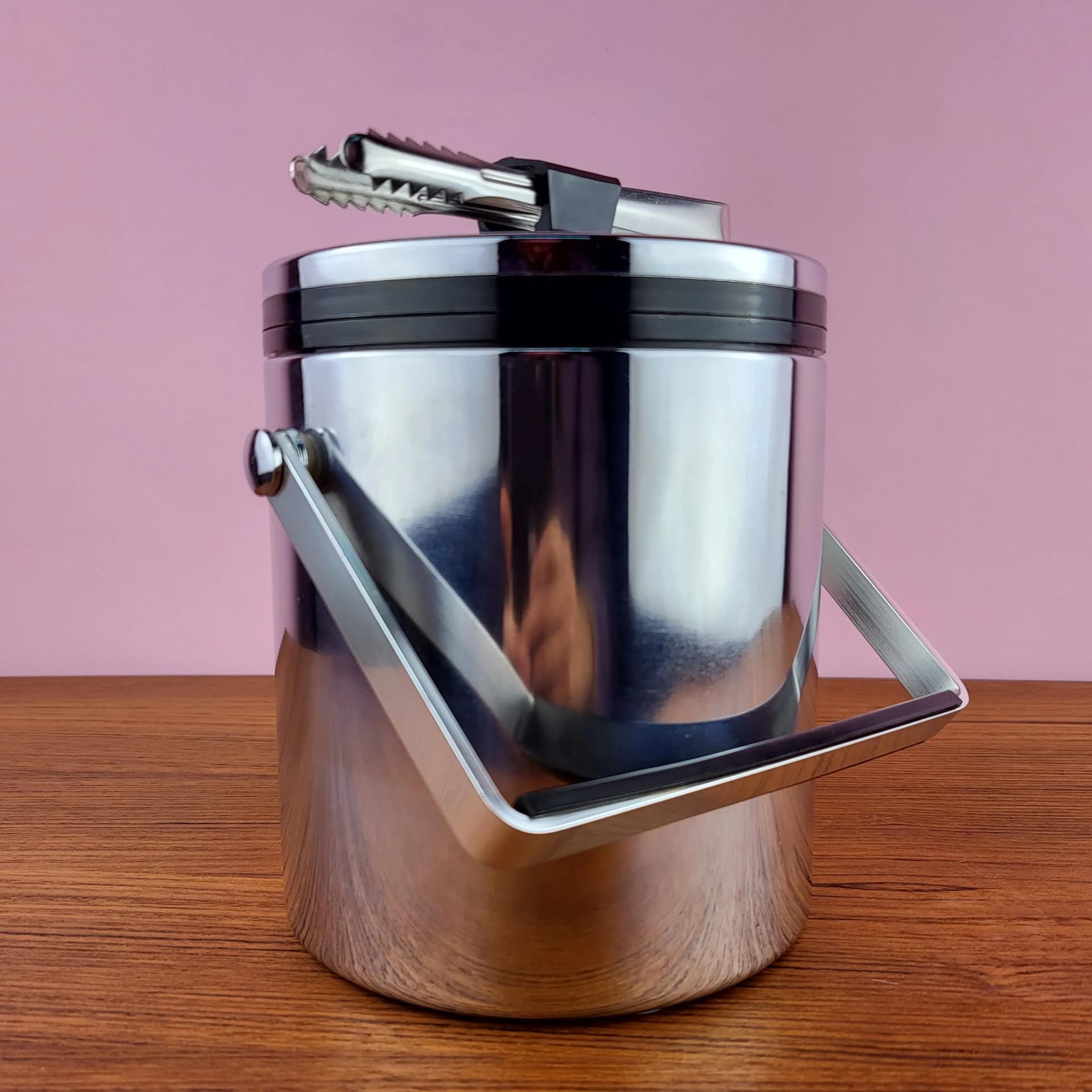 Pojemnik na lód ze szczypcami, chrom srebrny, Freezinhot, Niemcy, lata 70. - 69461