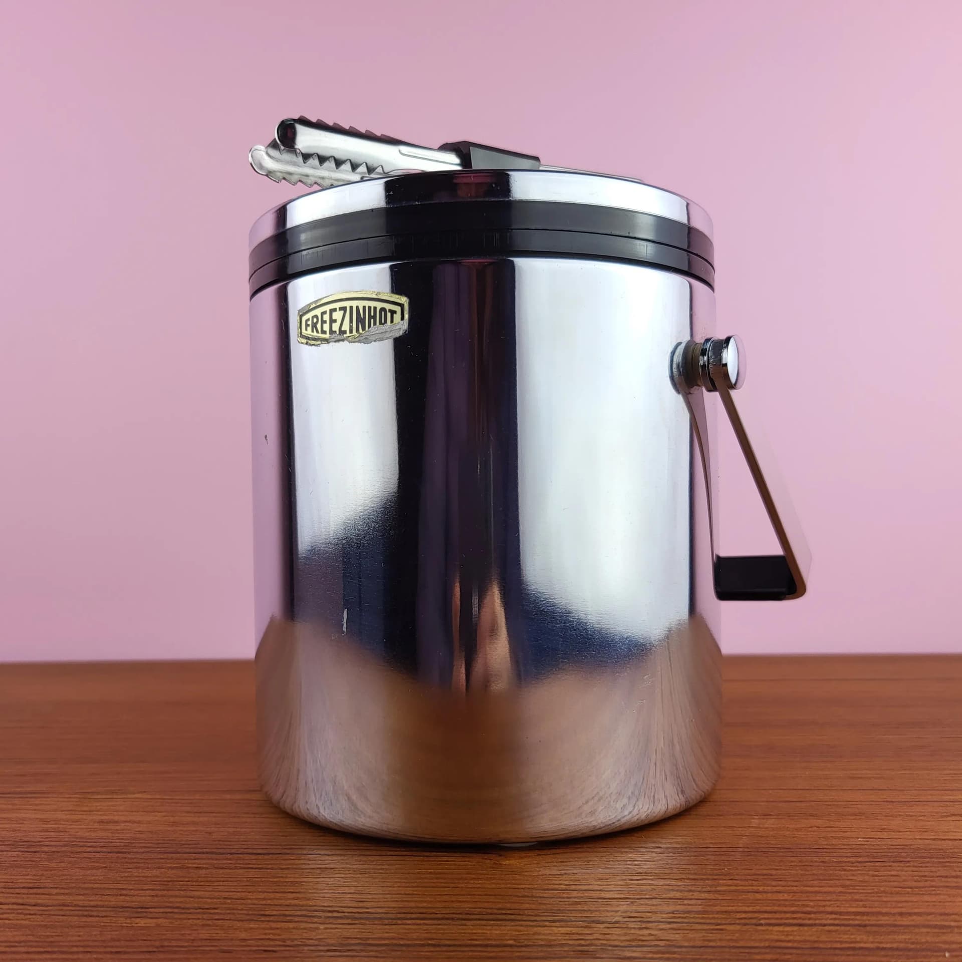 Pojemnik na lód ze szczypcami, chrom srebrny, Freezinhot, Niemcy, lata 70. - 69463