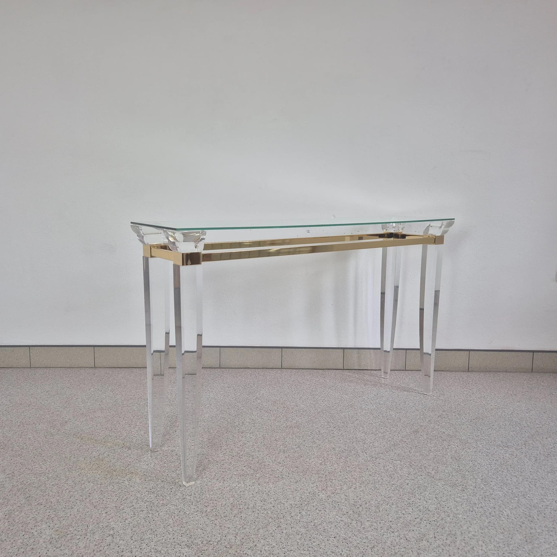 Konsola Hollywood Regency, plexi transparent, mosiądz, szkło, Włochy, lata 80. - 69374