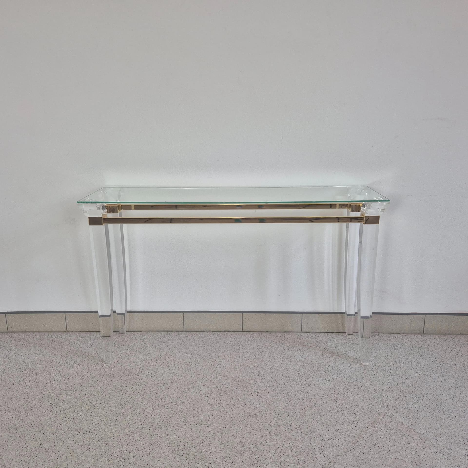 Konsola Hollywood Regency, plexi transparent, mosiądz, szkło, Włochy, lata 80. - 69368