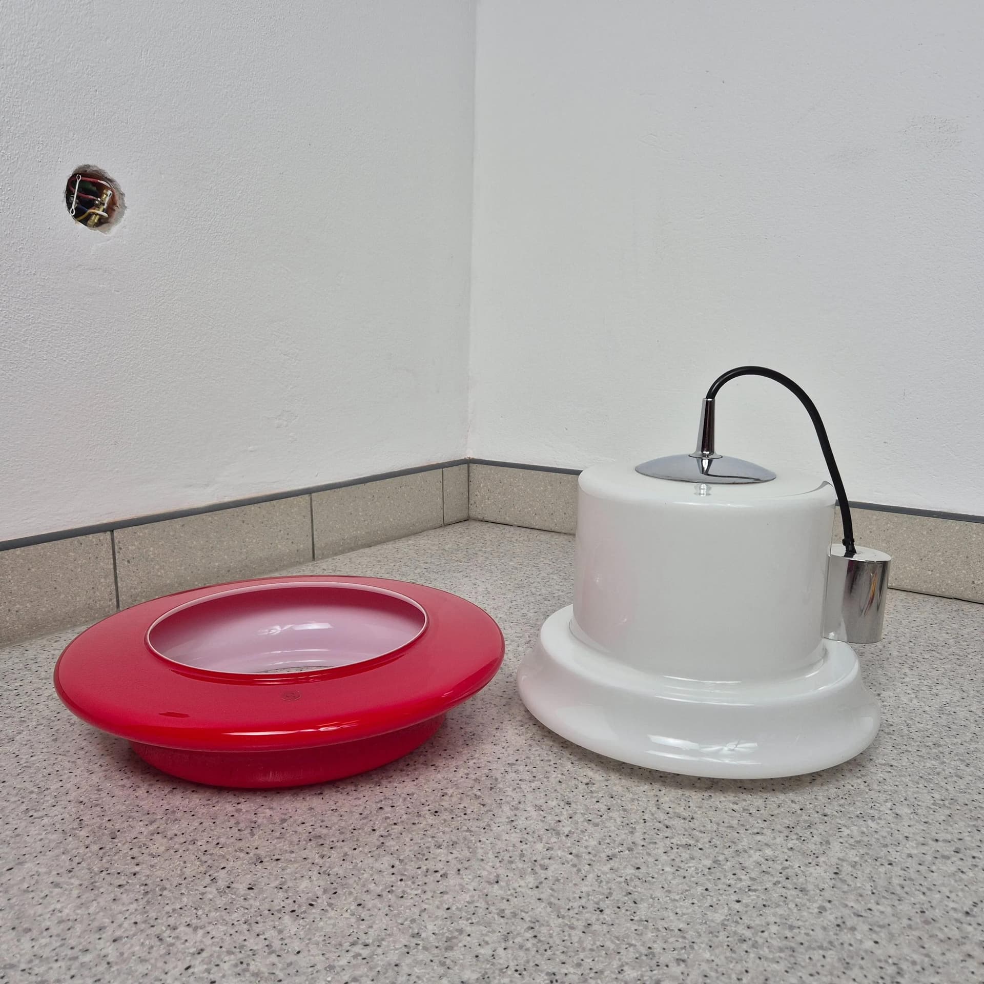 Pendant Lamp Space Age, white and red glass, Peill & Putzler, Germany, 1970s. - 69362